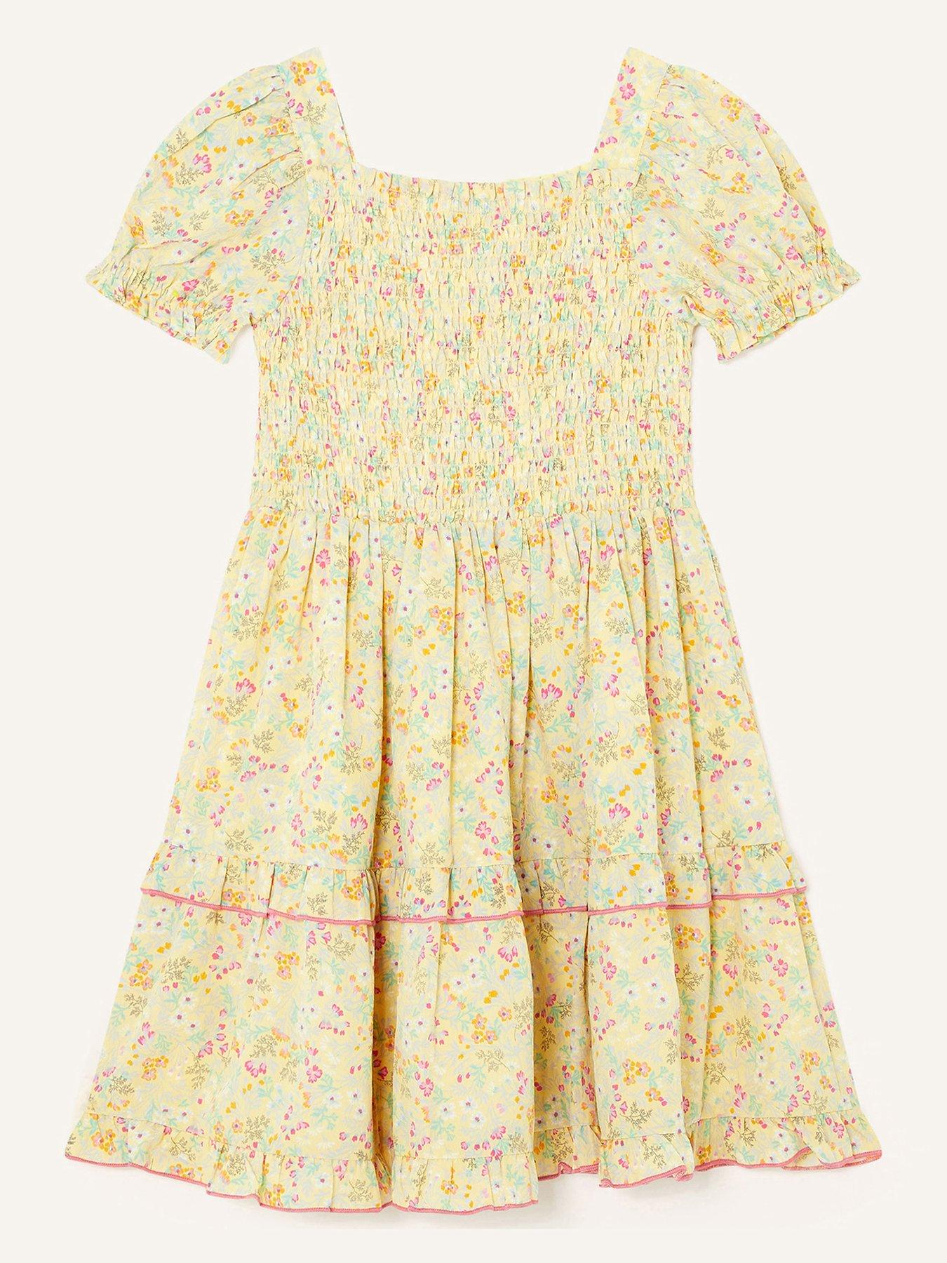 Monsoon Girls S.e.w. Ditsy Print Shirred Dress - Yellow | very.co.uk