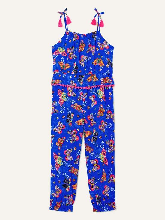 front image of monsoon-girls-sew-floral-butterfly-strappy-jumpsuit-blue
