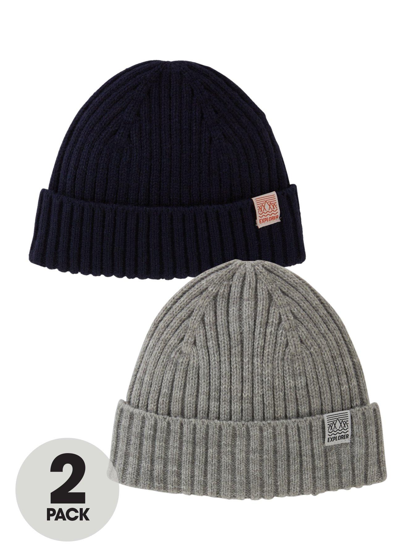 Older Boys 2 Pack Rib Beanie Hats Grey Navy