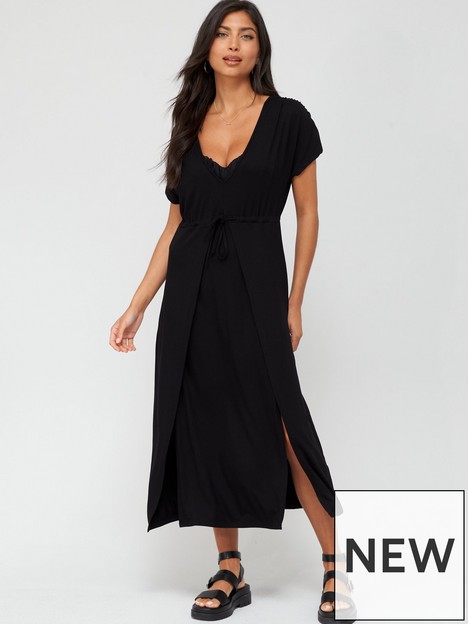 v-by-very-ruched-shoulder-double-split-frontnbspcover-up-midi-beachnbspdress-black