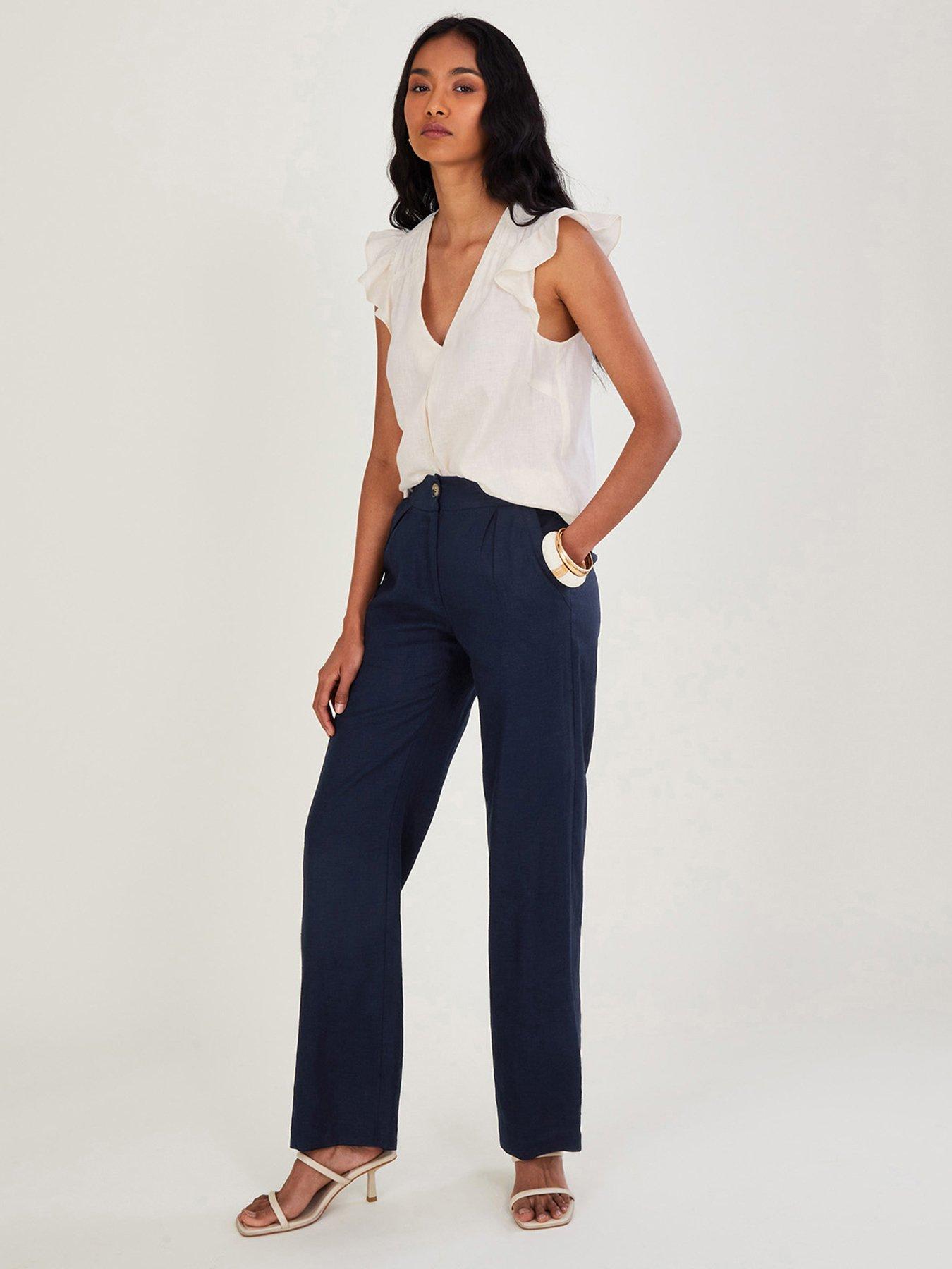 Navy wide leg linen on sale trousers