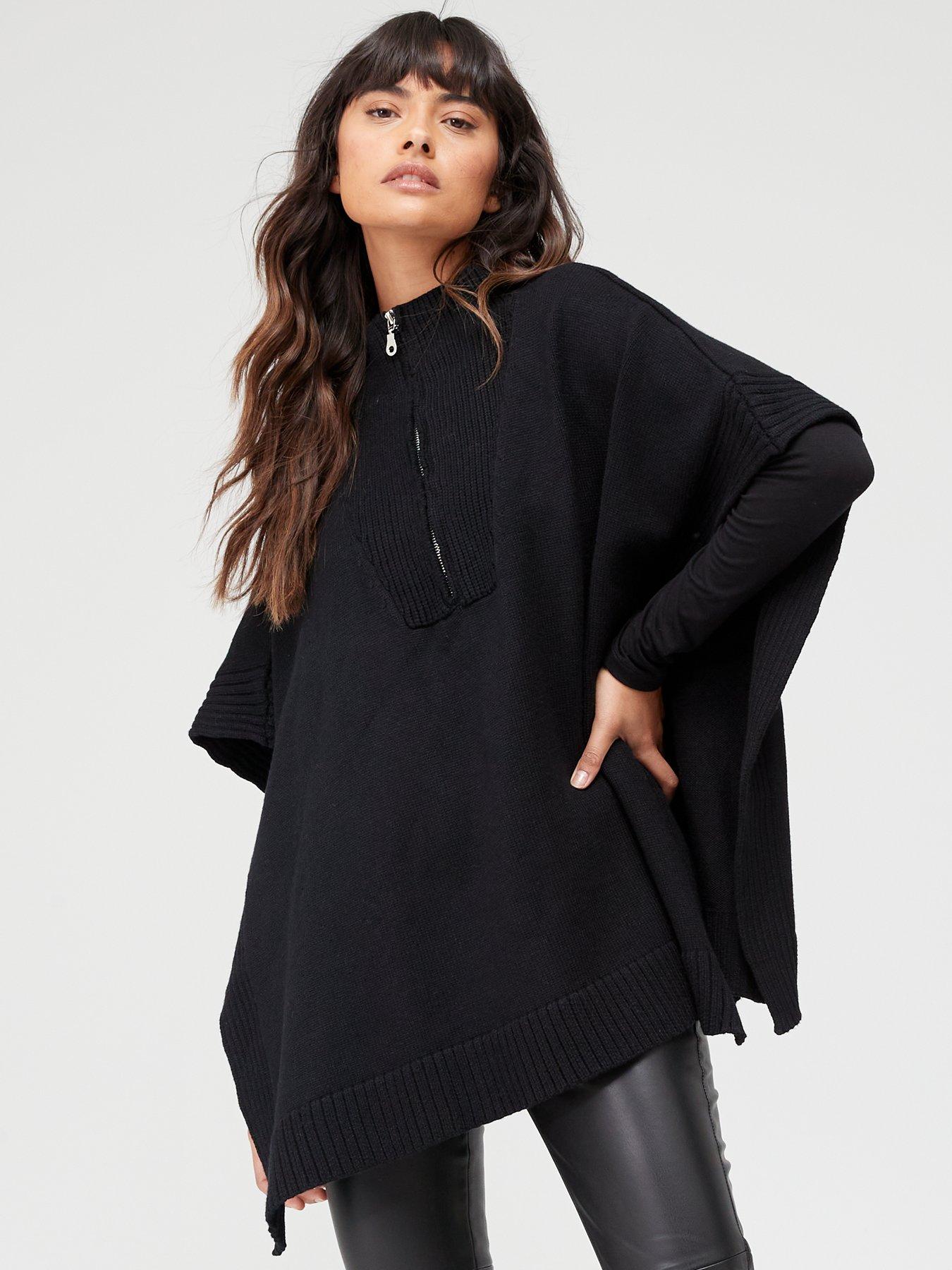 V by Very Zip Front Knitted Poncho - Black | very.co.uk