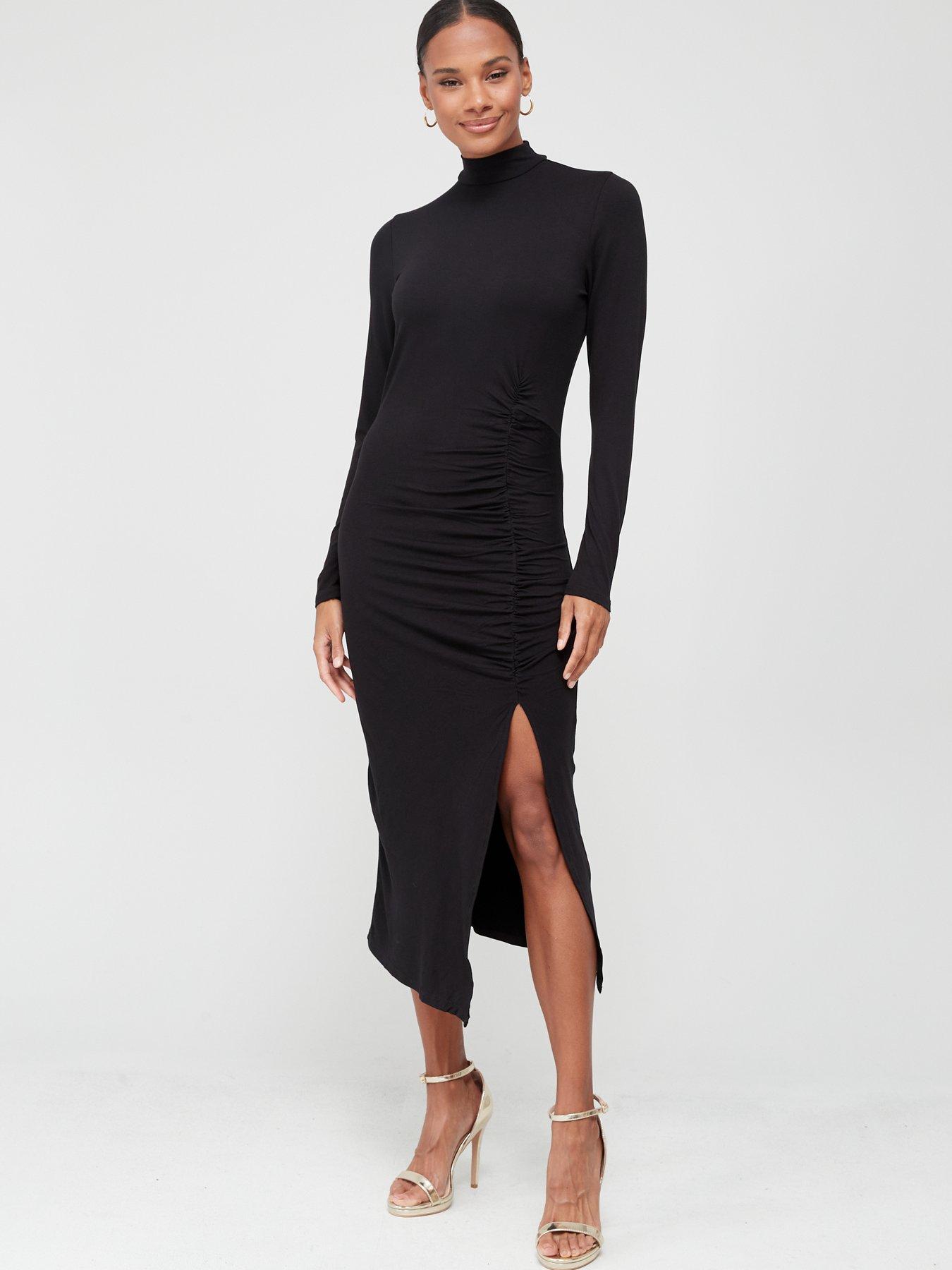 V by Very Jersey Turtle Neck Ruched Midi Dress - Black