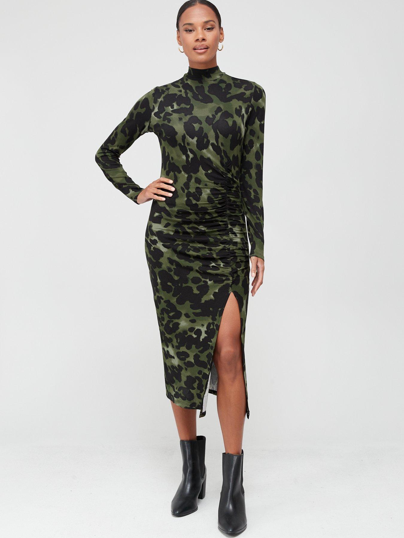 V by Very Jersey Turtle Neck Ruched Midi Dress - Green/Animal Print