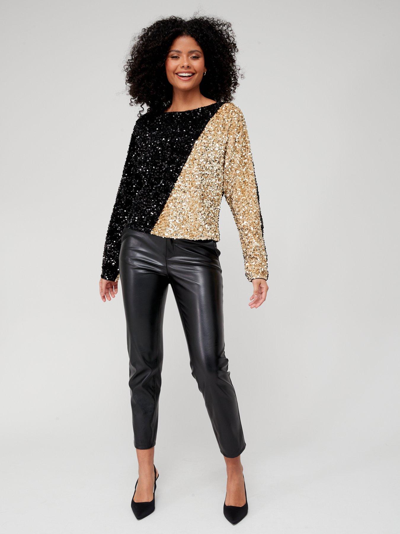 V by Very Colour Block Sequin Blouse - Black/Gold | very.co.uk