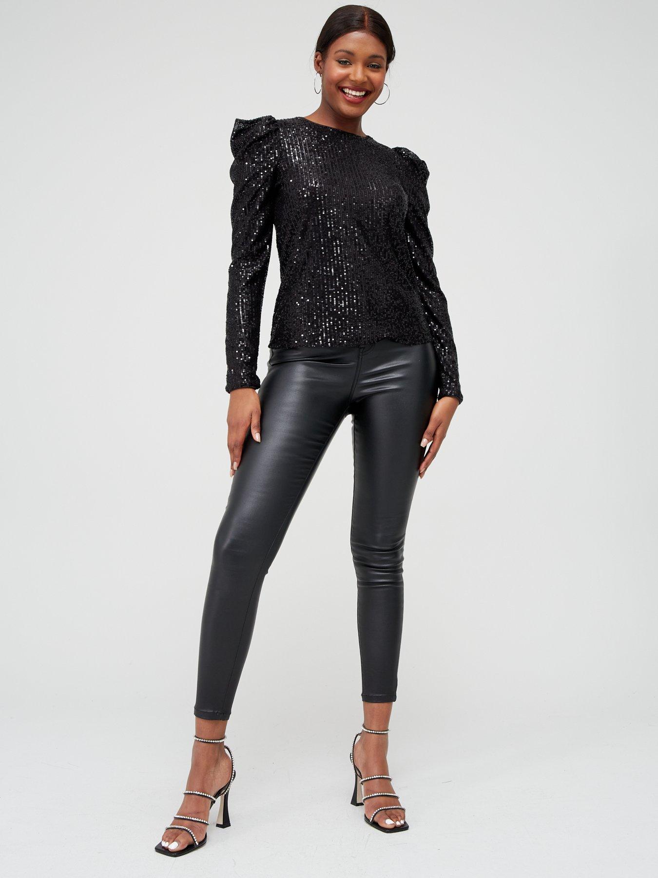 V by Very Sequin Puff Sleeve Top - Black | very.co.uk
