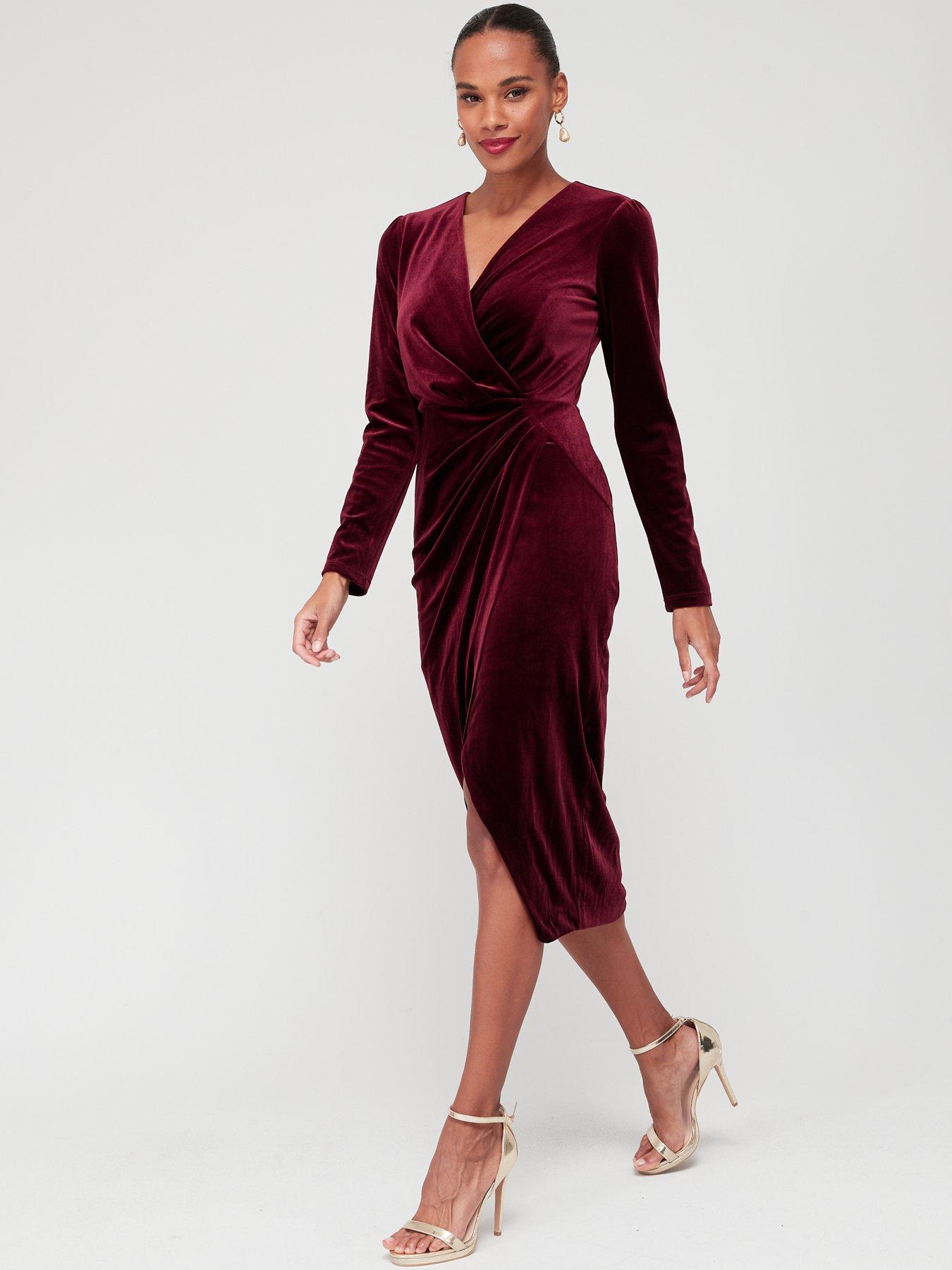 V by Very Velvet Wrap Midi Dress - Wine | very.co.uk