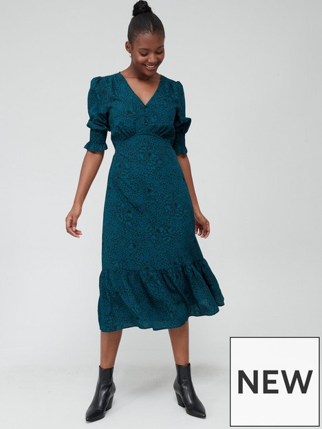 v-by-very-button-front-puff-sleeve-midi-dress-teal-print