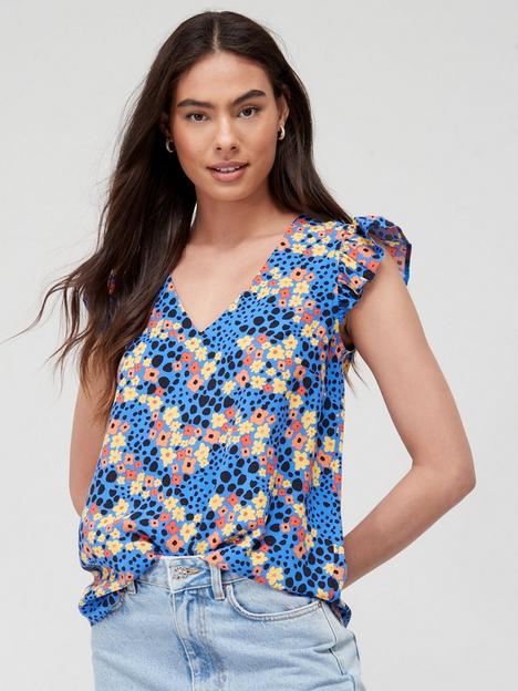 v-by-very-ruffle-v-neck-shell-top-blue-floralnbsp