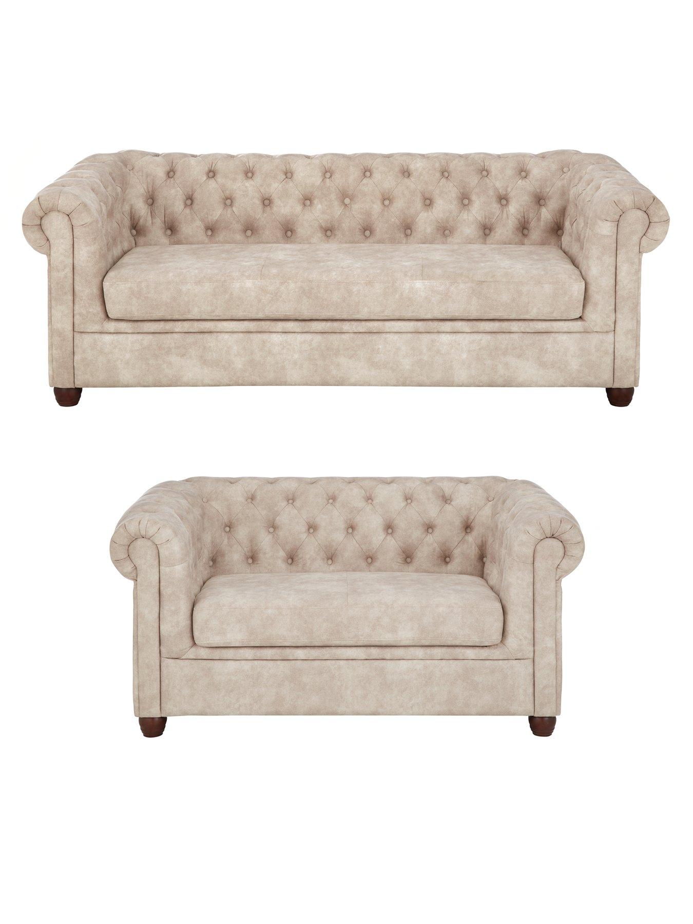 undefined Chester Chesterfield Leather Look 3 Seater + 2 Seater Sofa Set - Pebble (Buy and SAVE!) - FSC® Certified