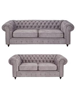 Product photograph of Very Home Laura Chesterfield Fabric 3 2 Sofa Set - Grey Buy And Save from very.co.uk
