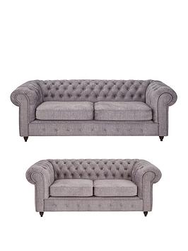 Product photograph of Very Home Laura Chesterfield Fabric 3 2 Sofa Set - Grey Buy And Save from very.co.uk