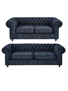 Product photograph of Very Home Laura Chesterfield Fabric 3 Seater 2 Seater Sofa Set - Navy Buy And Save from very.co.uk