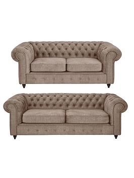Product photograph of Very Home Laura Chesterfield Fabric 3 Seater 2 Seater Sofa Set - Natural Buy And Save from very.co.uk