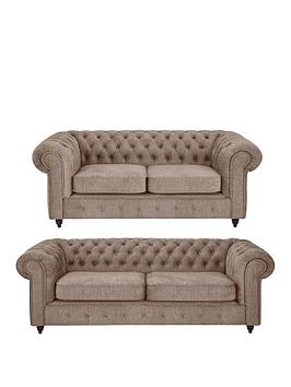 Product photograph of Very Home Laura Chesterfield Fabric 3 Seater 2 Seater Sofa Set - Natural Buy And Save from very.co.uk