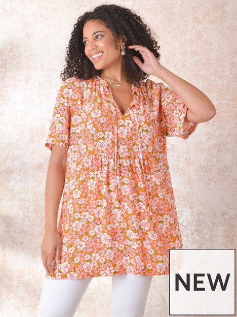 live-unlimited-orange-floral-short-sleeve-smock-top-with-ties