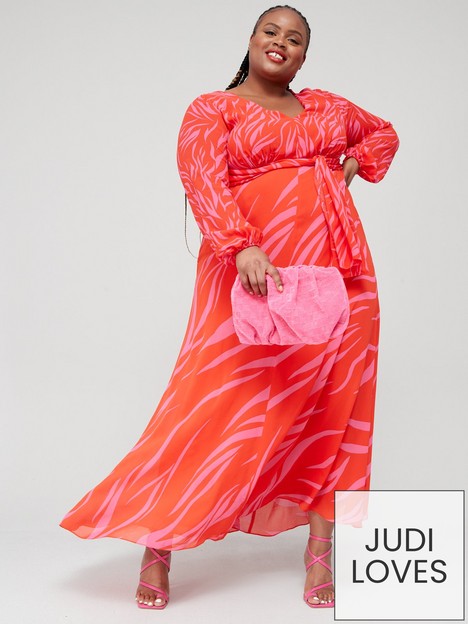 live-unlimited-animal-maxi-dress-with-blouson-sleeves-red