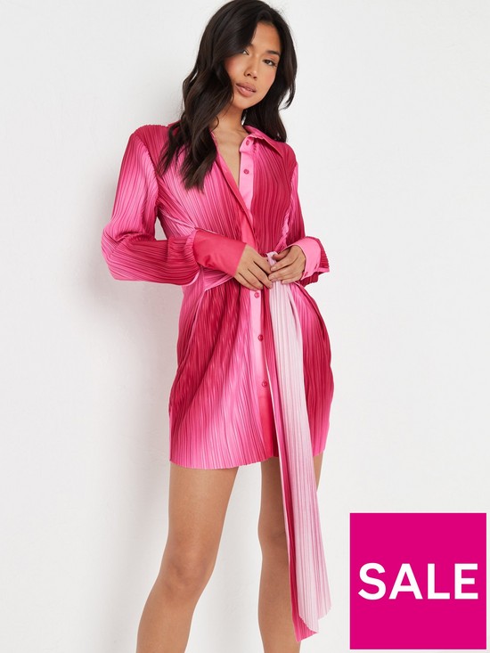 front image of missguided-tie-waist-flare-sleeve-shirt-dress--nbsppink-ombrenbsp
