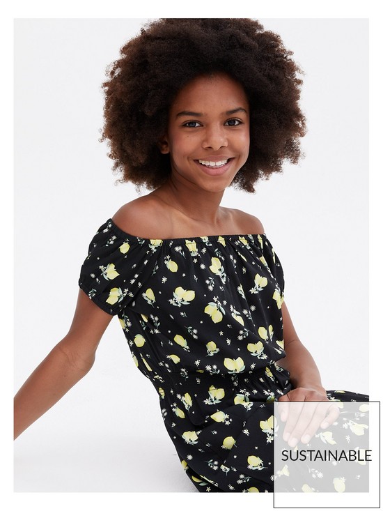 front image of new-look-915-girls-black-lemon-crepe-bardot-dress