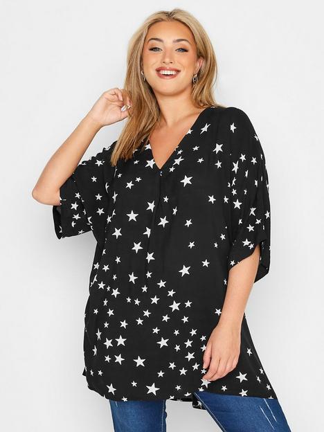 yours-clothing-star-print-pleated-front-v-neck-top