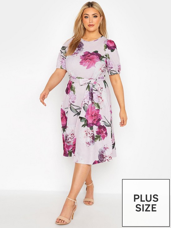 front image of yours-clothing-pink-floral-puff-sleeve-dress