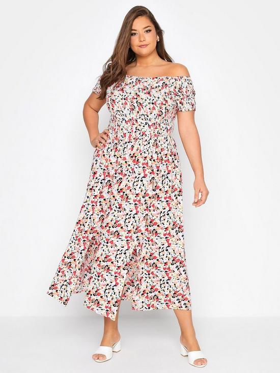 front image of yours-clothing-shirred-bardot-maxi-dress-red-floral