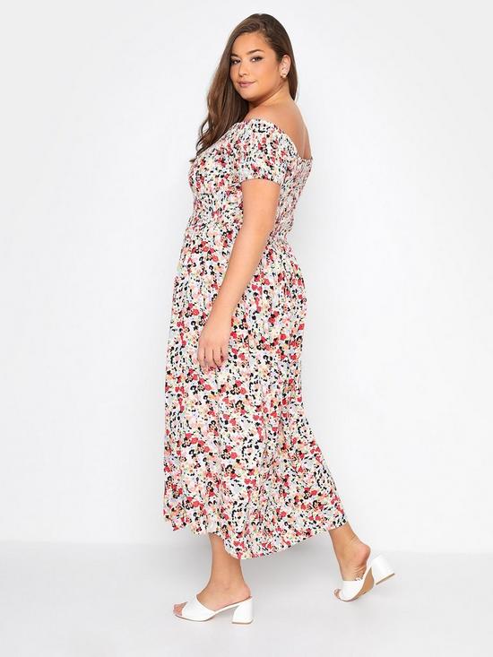 stillFront image of yours-clothing-shirred-bardot-maxi-dress-red-floral