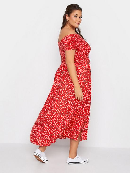 stillFront image of yours-clothing-shirred-bardot-maxi-dress-red-ditsy
