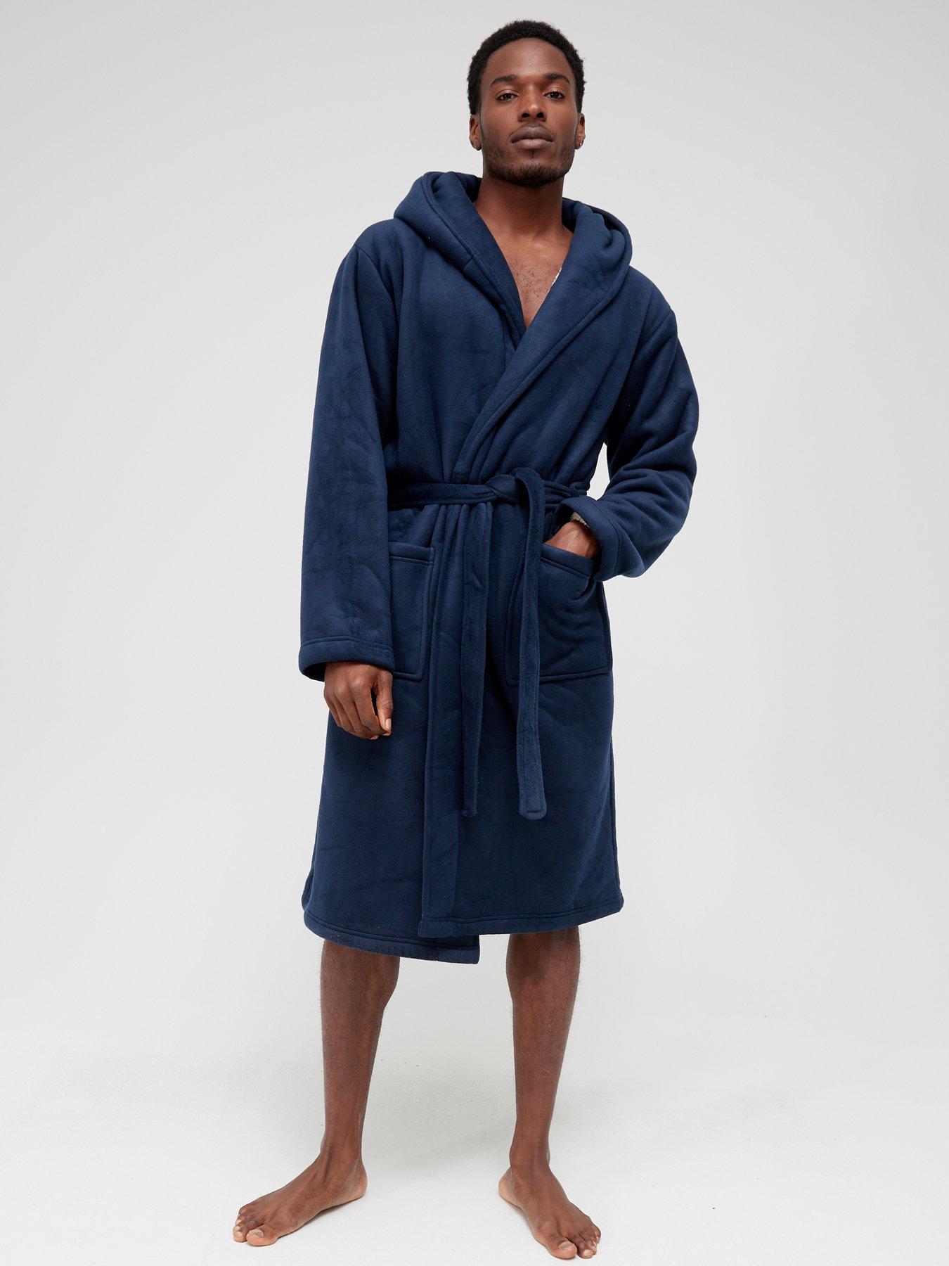 i-Smalls Mens Warm Stripe Pattern Fleece Hooded Robe Dressing Gown with Eye Mask 
