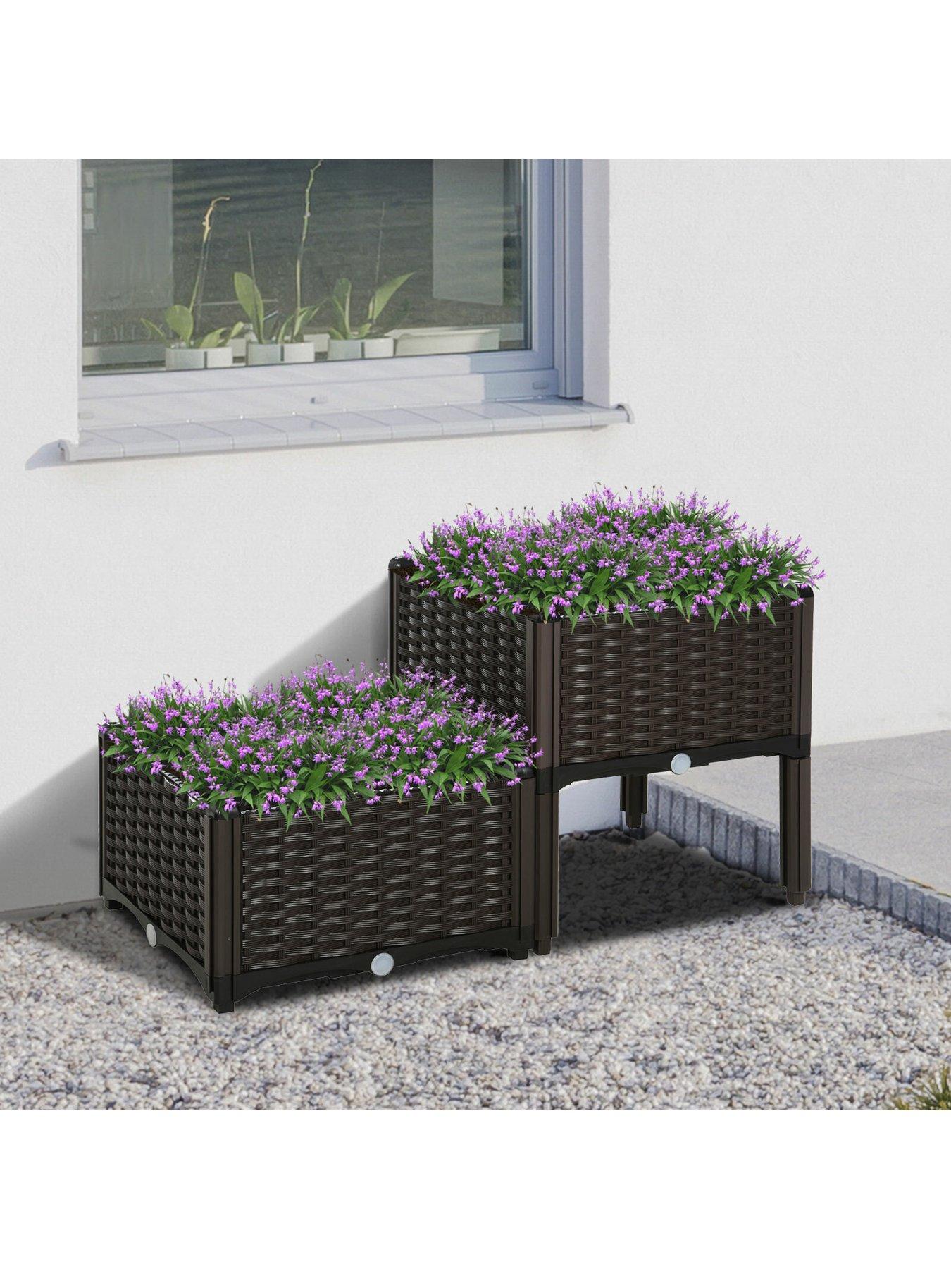 OutSunny Set Of 2 Raised Outdoor Garden Rattan Effect Planter Boxes
