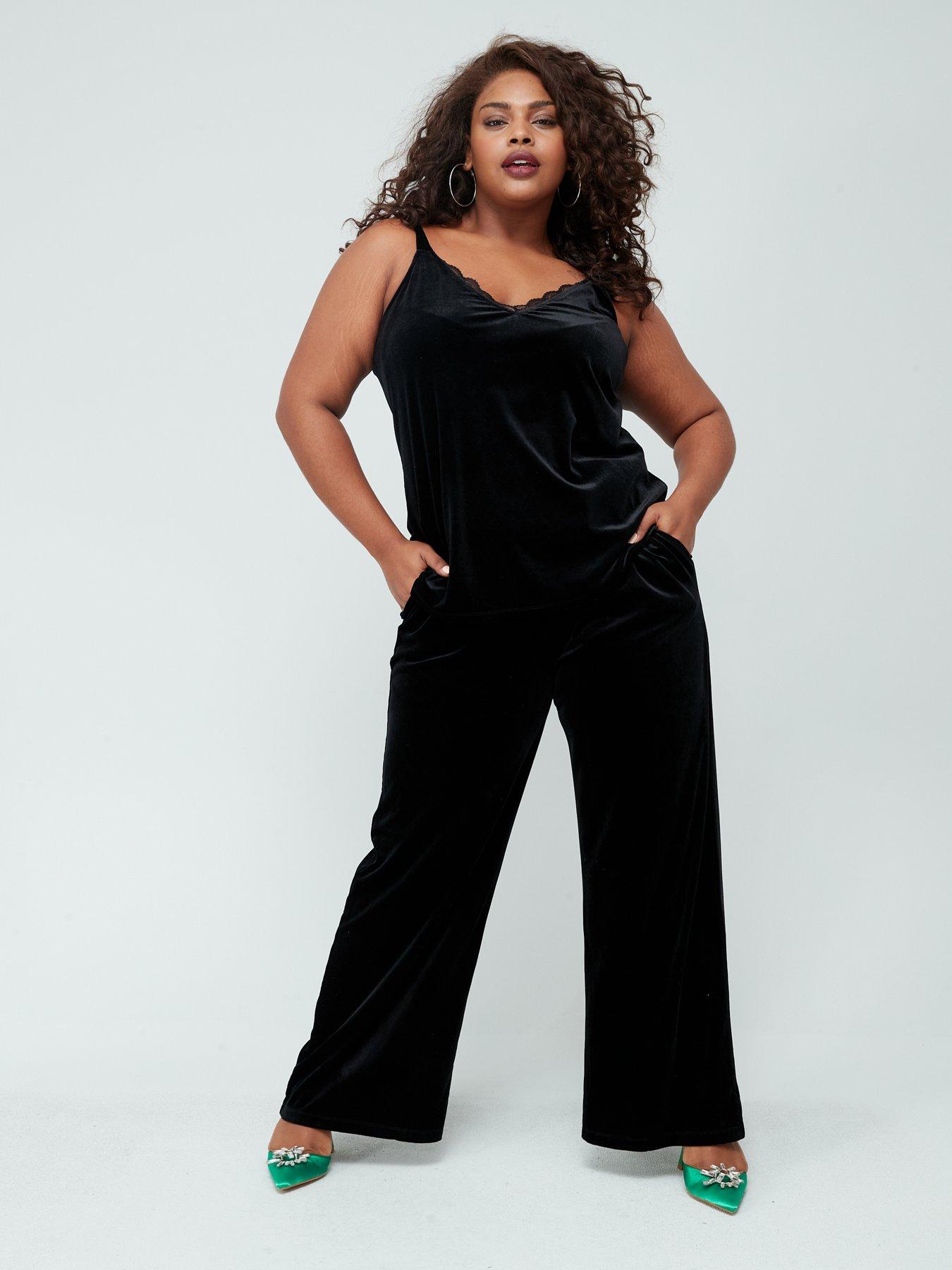 Yours Curve Plus Size Wide Leg Stretch Velvet Trousers