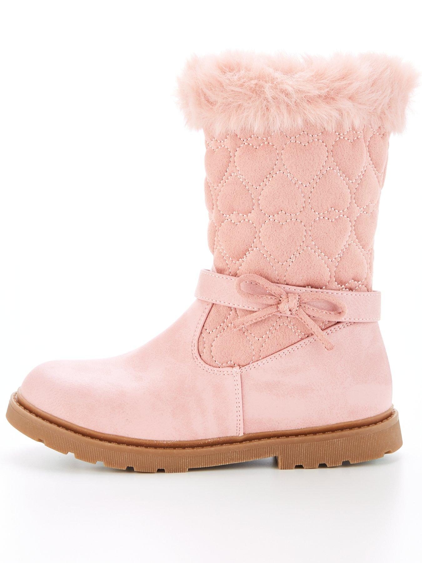 Kids Girls Pink Fur Trim Lace Up Childrens Studded Winter High Top Smart Boots 