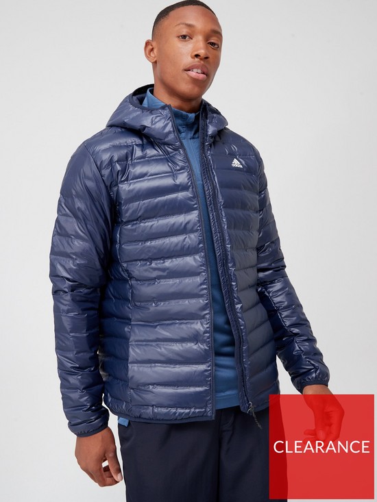 front image of adidas-terrex-varilite-hooded-down-jacket-navy