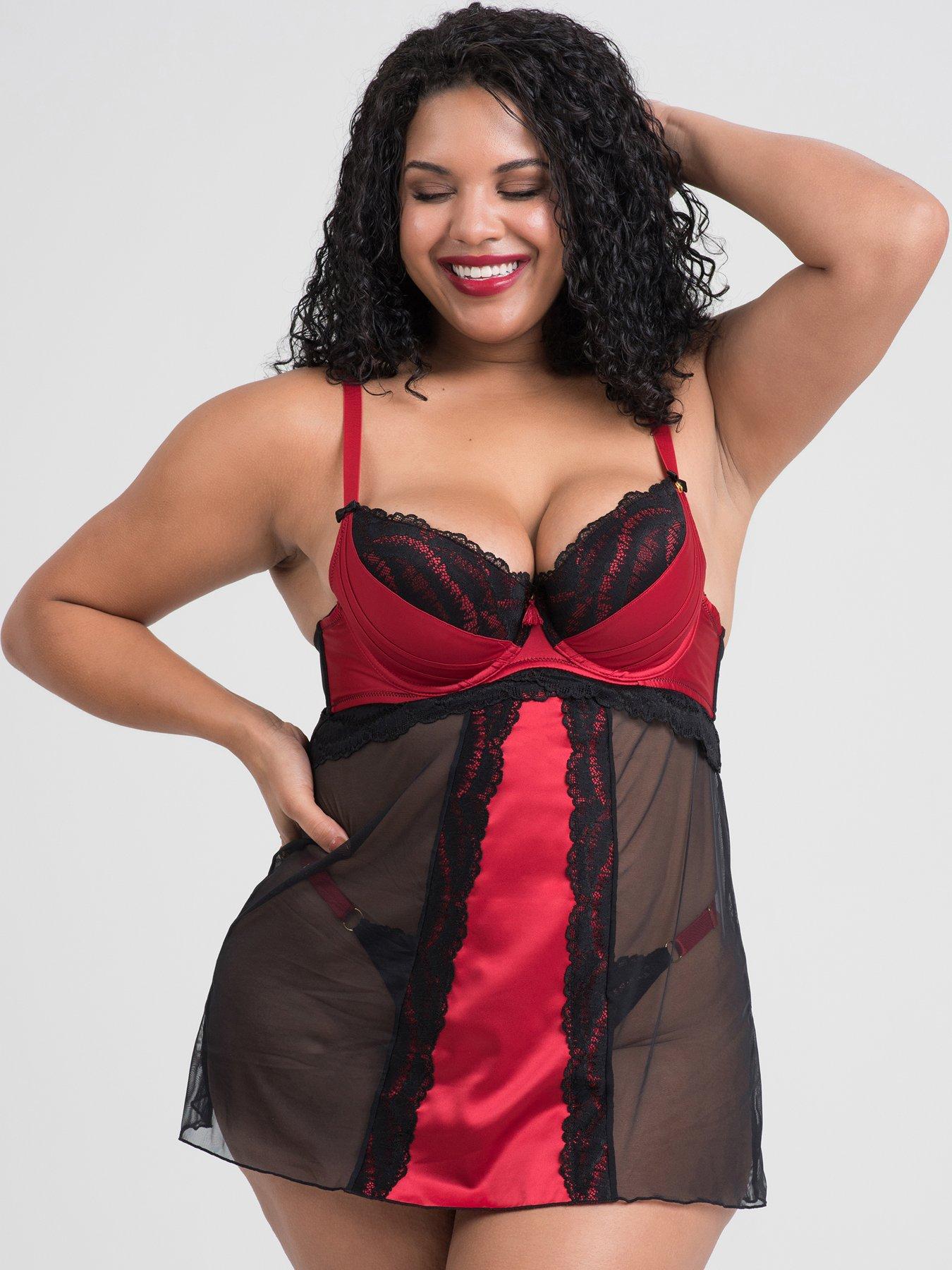 Lovehoney Lingerie Cherry Satin & Black Mesh Cut Out Chemise and G