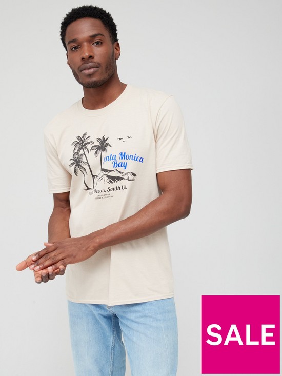 front image of very-man-santa-monica-bay-palm-print-t-shirt-ecru