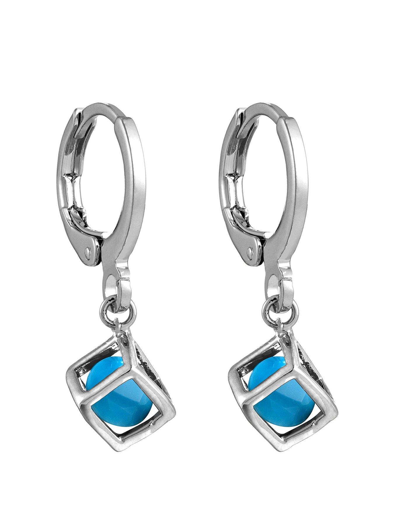 Product photograph of Silver Plated Hoop Drop Earrings With Created Aquamarine Stone Detail from very.co.uk