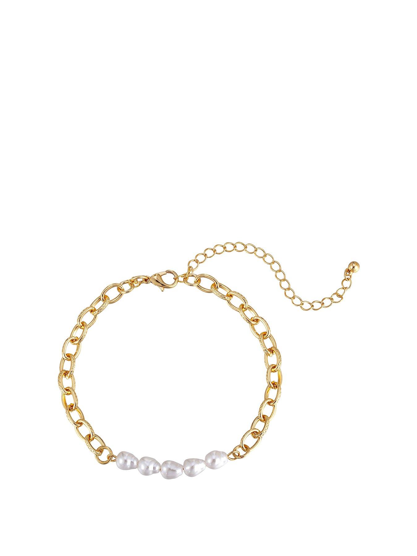Product photograph of The Love Collection Gold Plated Chain And Pearl Stone Bracelet from very.co.uk
