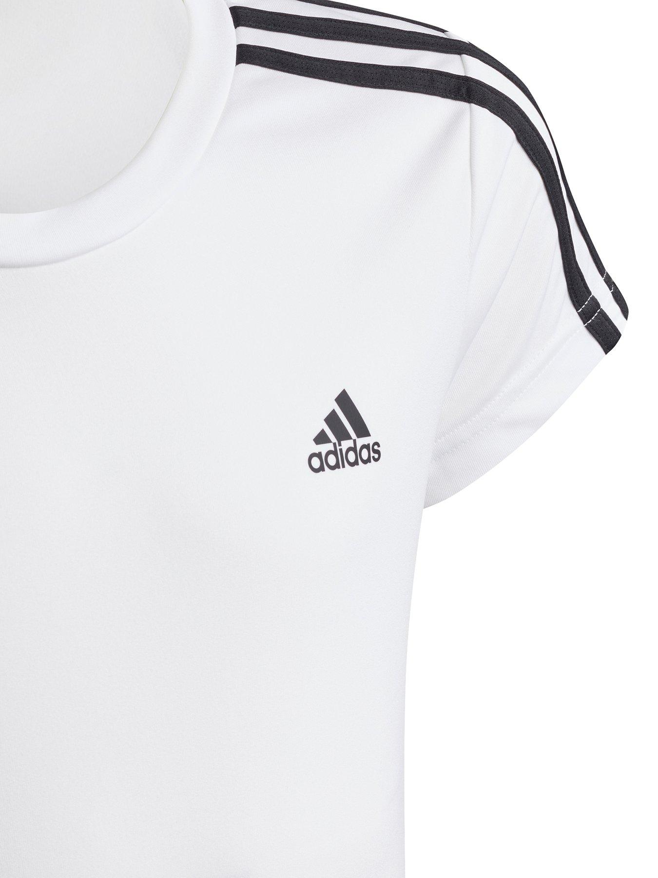 adidas Designed 2 Move Girls 3 Stripes Short Sleeve T-Shirt - White |  