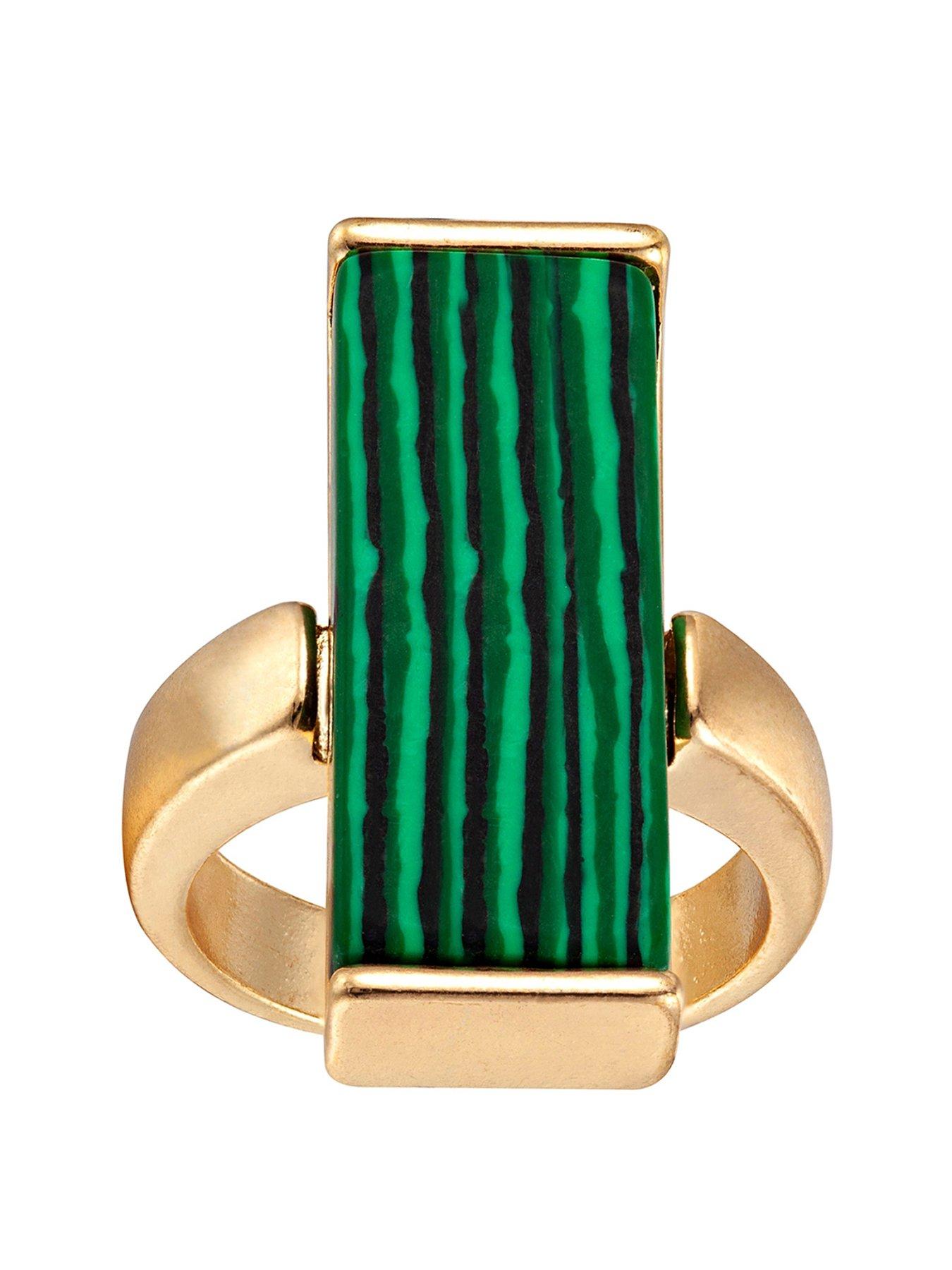 Product photograph of Gold Plated Rectangle Created Malachite Stone Statement Ring from very.co.uk