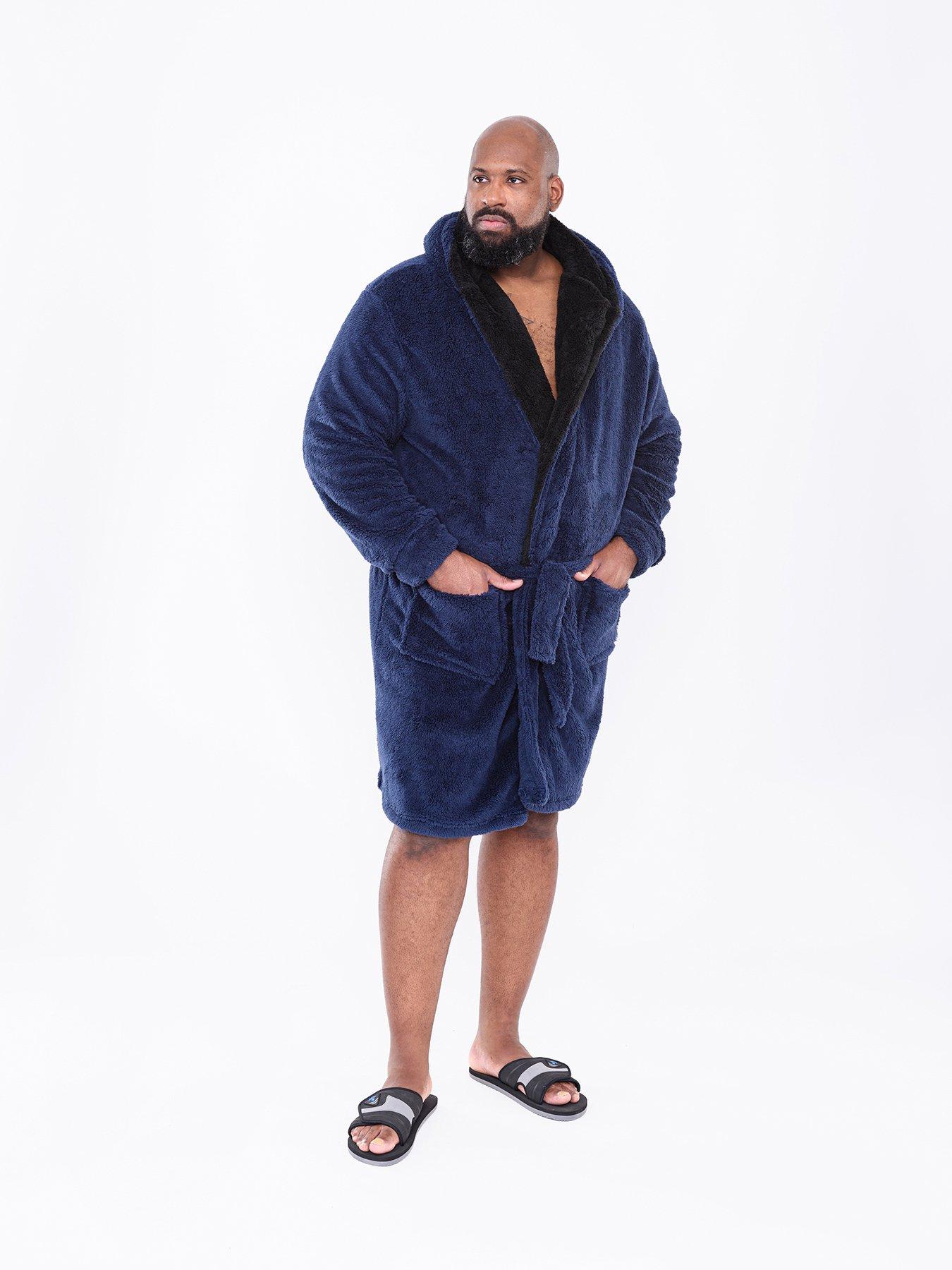 Men's super soft navy fleece dressing gown with hood