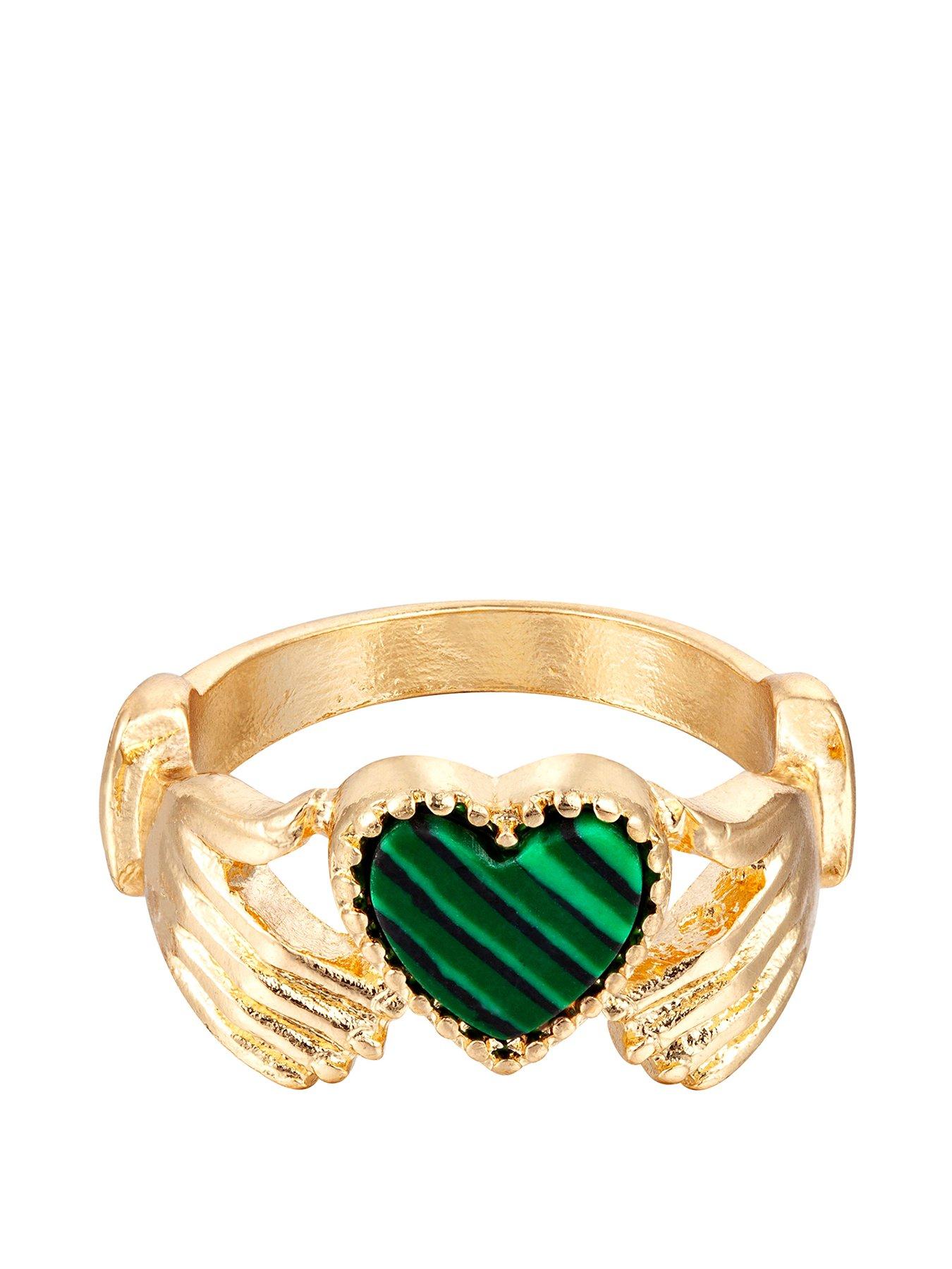 Product photograph of Gold Plated Malachite Stone Claddagh Heart Ring from very.co.uk