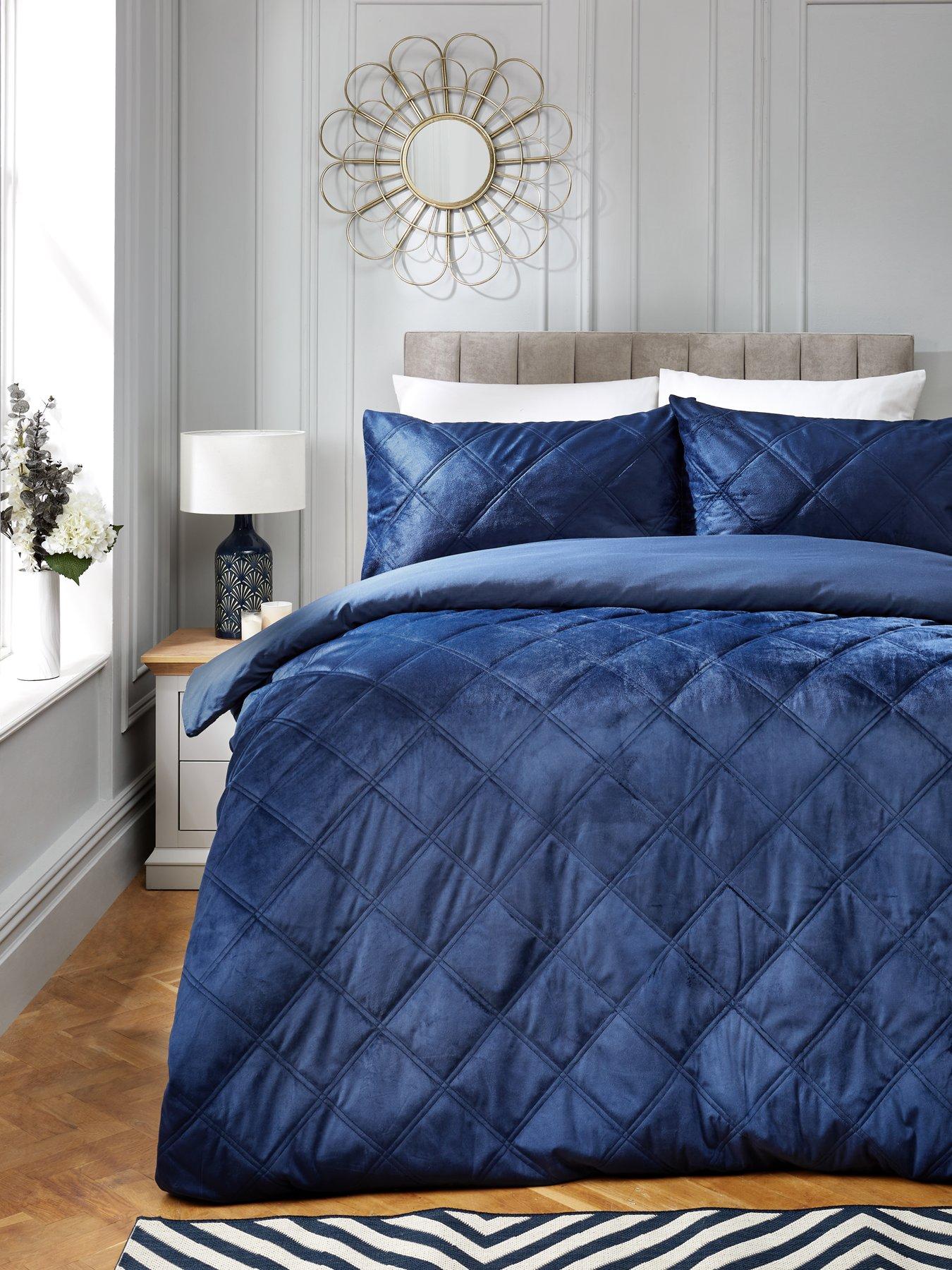 Product photograph of Luxe Quilted Cosy Velvet Diamond Duvet Cover Set - Navy Blue from very.co.uk