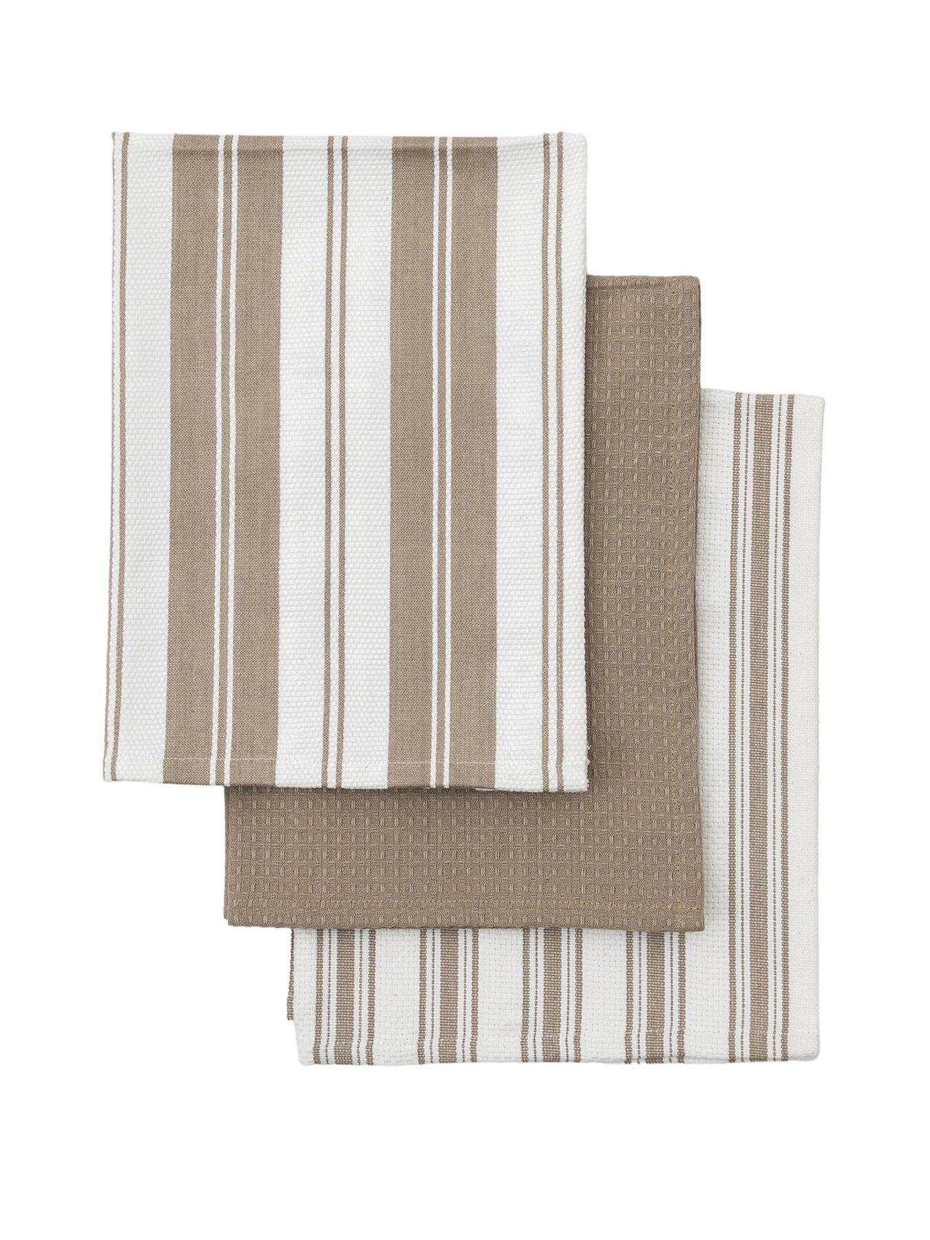 Product photograph of Hometown Interiors Set Of 3 Organic Cotton Striped Tea Towels - Taupe from very.co.uk