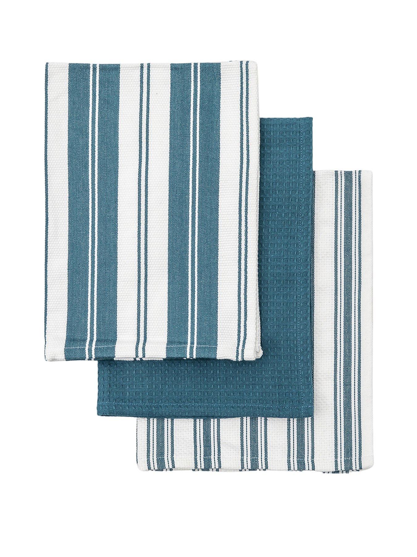Product photograph of Hometown Interiors Set Of 3 Organic Cotton Striped Tea Towels - Blue from very.co.uk