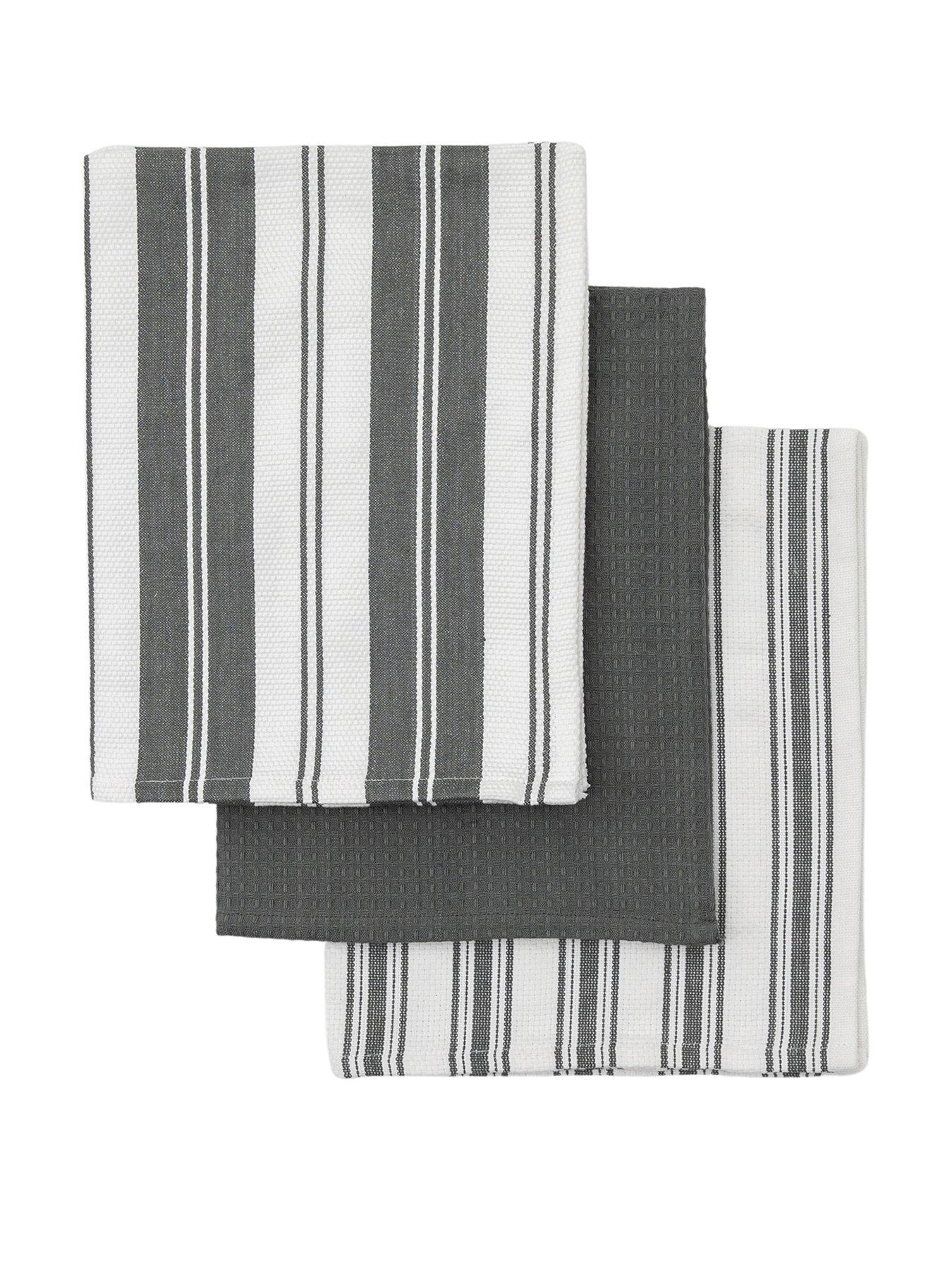 Product photograph of Hometown Interiors Set Of 3 Organic Cotton Striped Tea Towels - Charcoal from very.co.uk