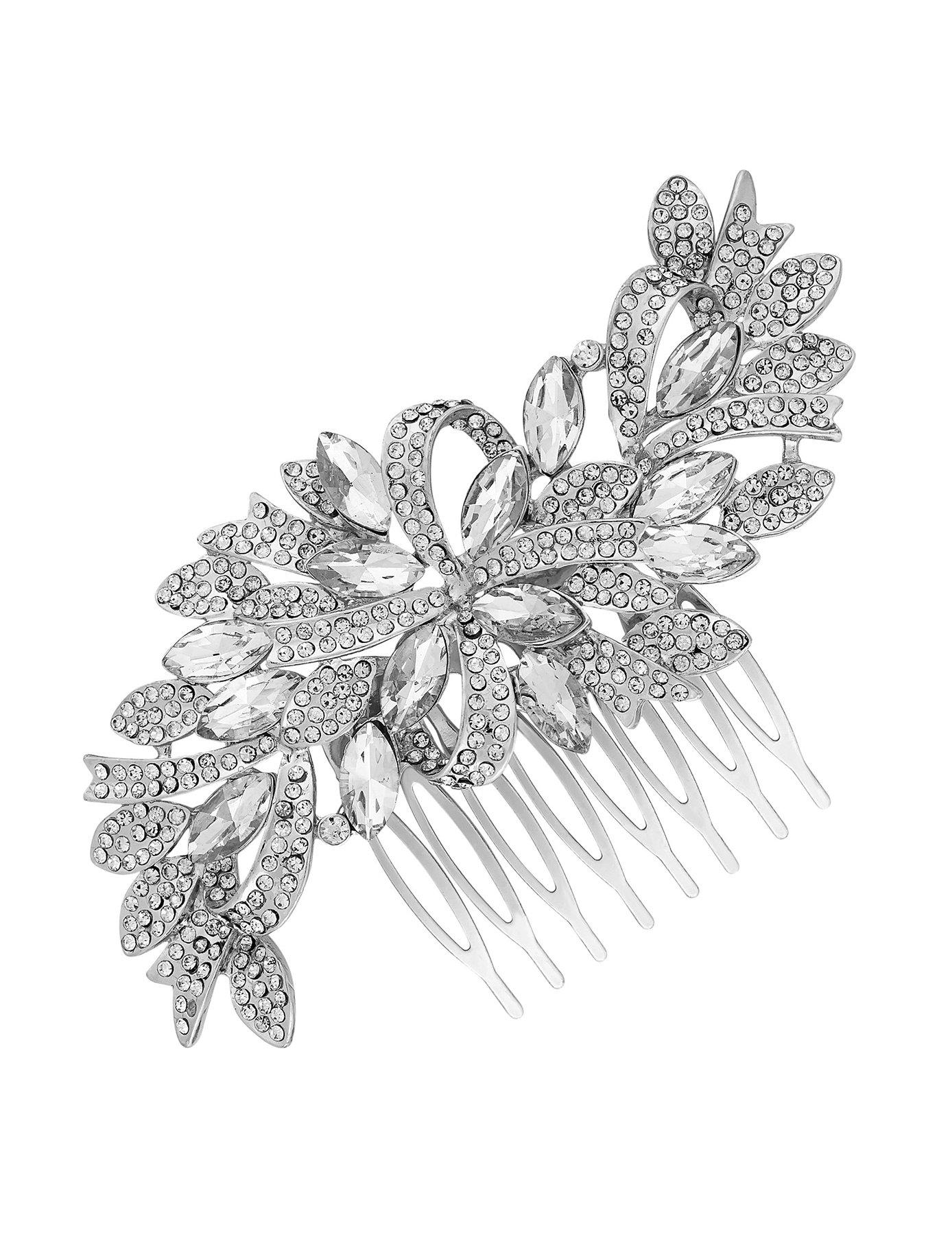 undefined Louisa Silver Navette Crystal Ribbon Swirl Comb