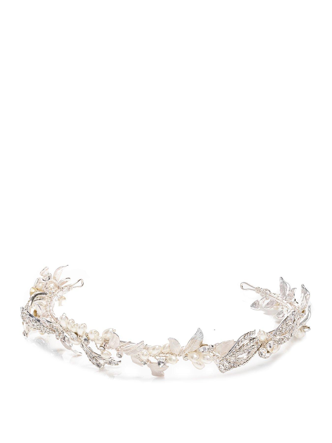 undefined Delilah Silver Plated Pave Feather And Pearl Tiara