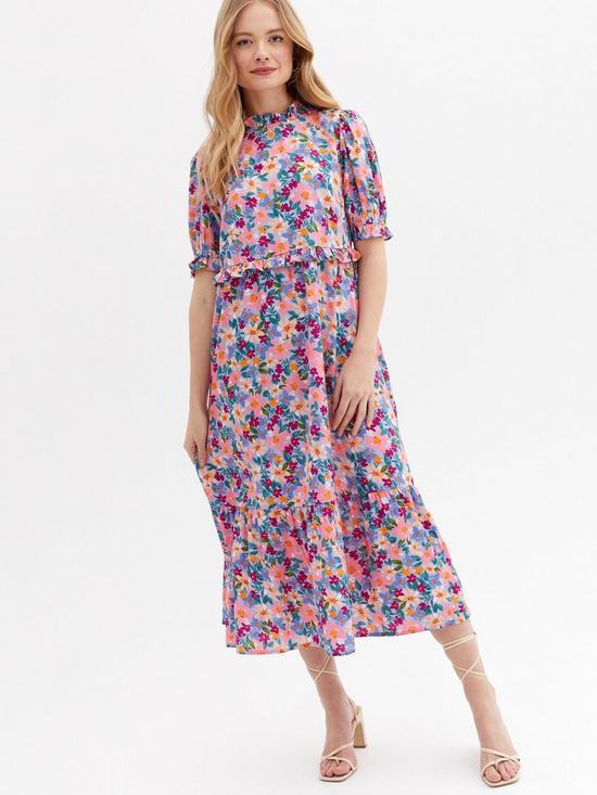 New Look Floral Frill High Neck Midi Smock Dress - Blue | very.co.uk