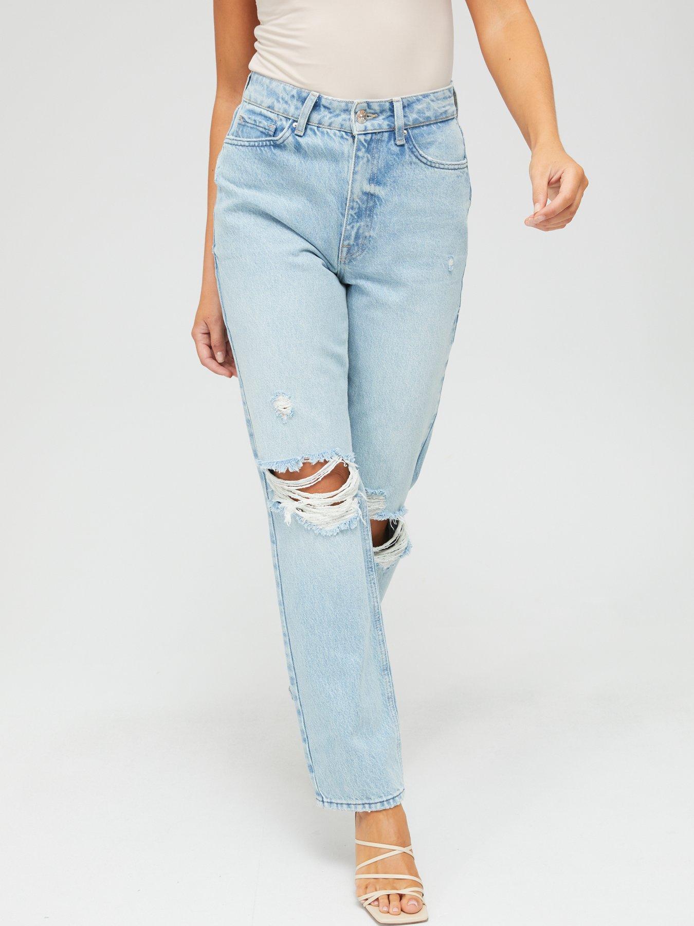 casual plain wide leg ripped washed jeans