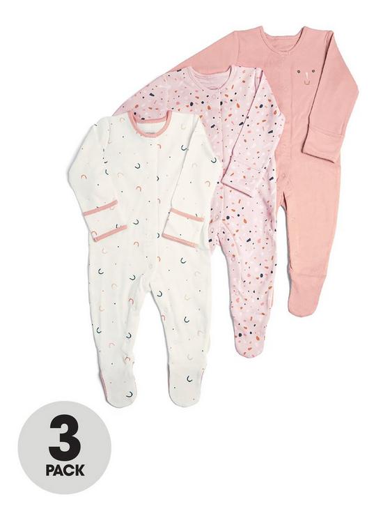 front image of mamas-papas-baby-girls-3-pack-geo-print-sleepsuits-pink
